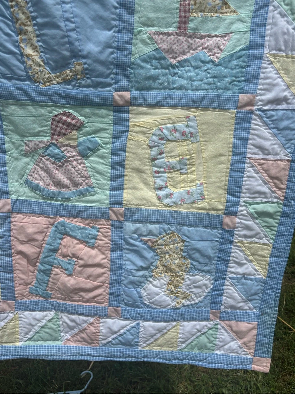 Handmade Pastel Alphabet Baby Quilt - Blue, Pink, Mint, Cream